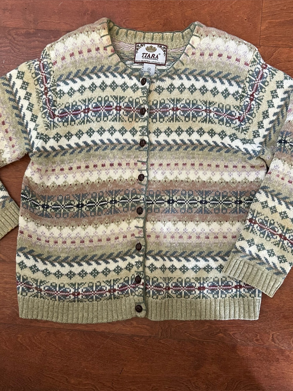 Tiara Multicolor Fair Isle Knit Cardigan in Sage, Cream & Rust